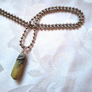 Serpentine Stone Pendant wrapped with Silver Wire on Ball Chain Necklace Boho